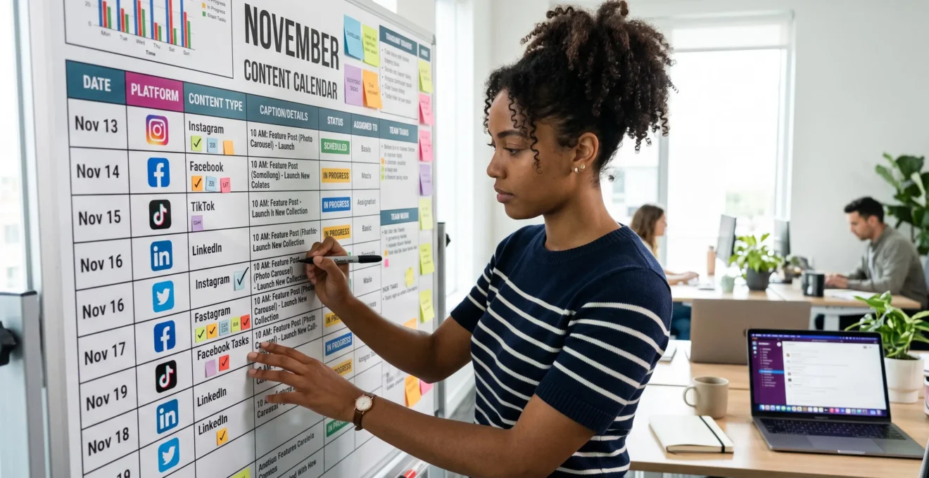 Assistant marketing planifiant un calendrier de publication de contenu sur un tableau physique.