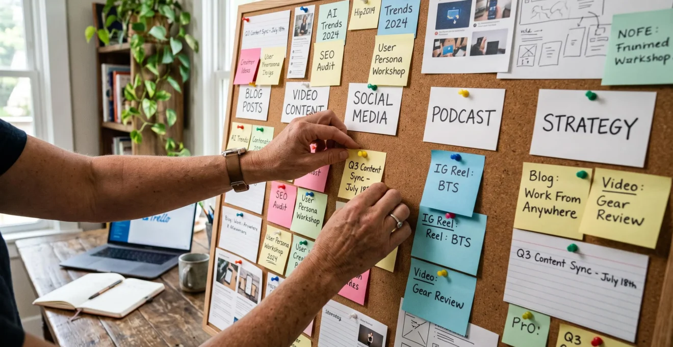 Marketeur organisé structurant sa ligne éditoriale avec des notes et des idées sur un tableau blanc.