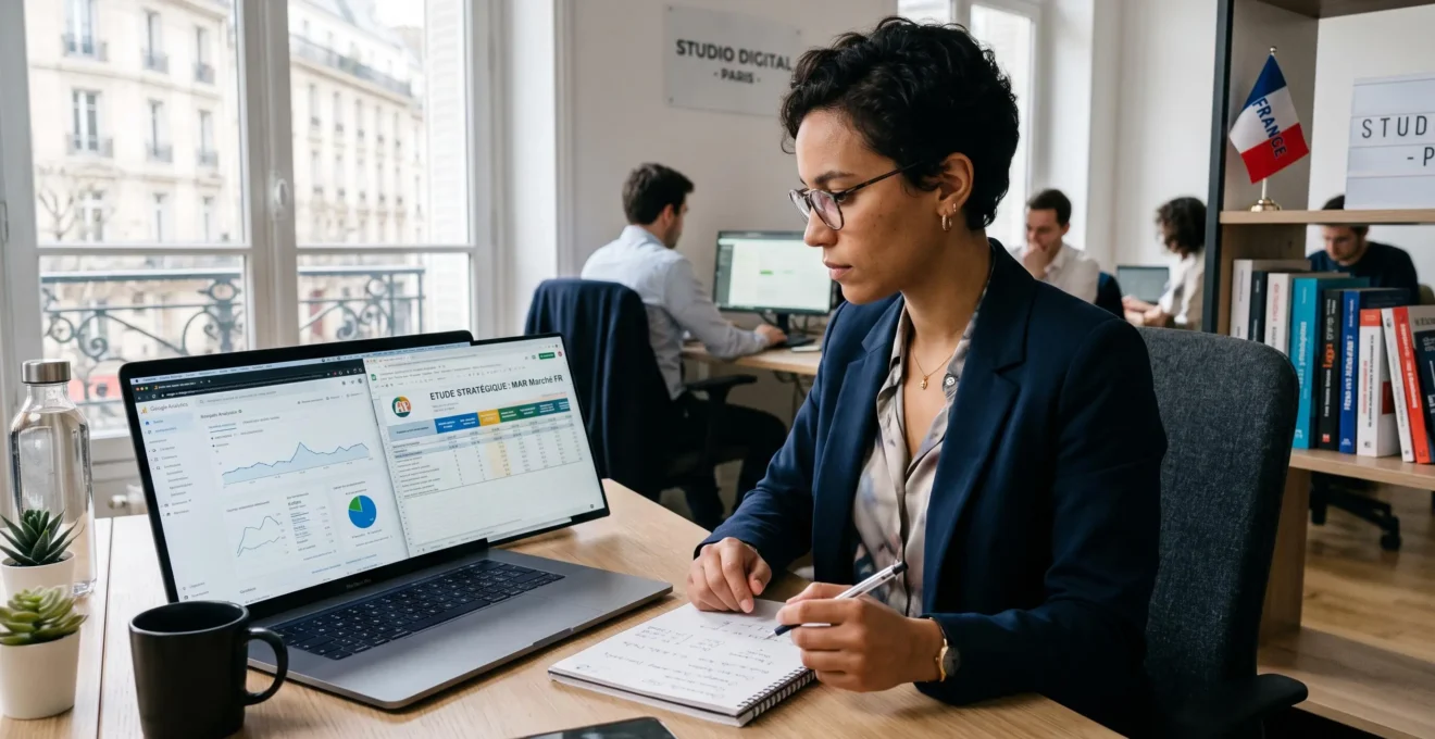 Stratège e-commerce examinant son plan de contenu sur un ordinateur portable dans un bureau moderne.
